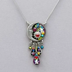 Firefly Luna Circular Pendant With Tear Drop Dangles Necklace
