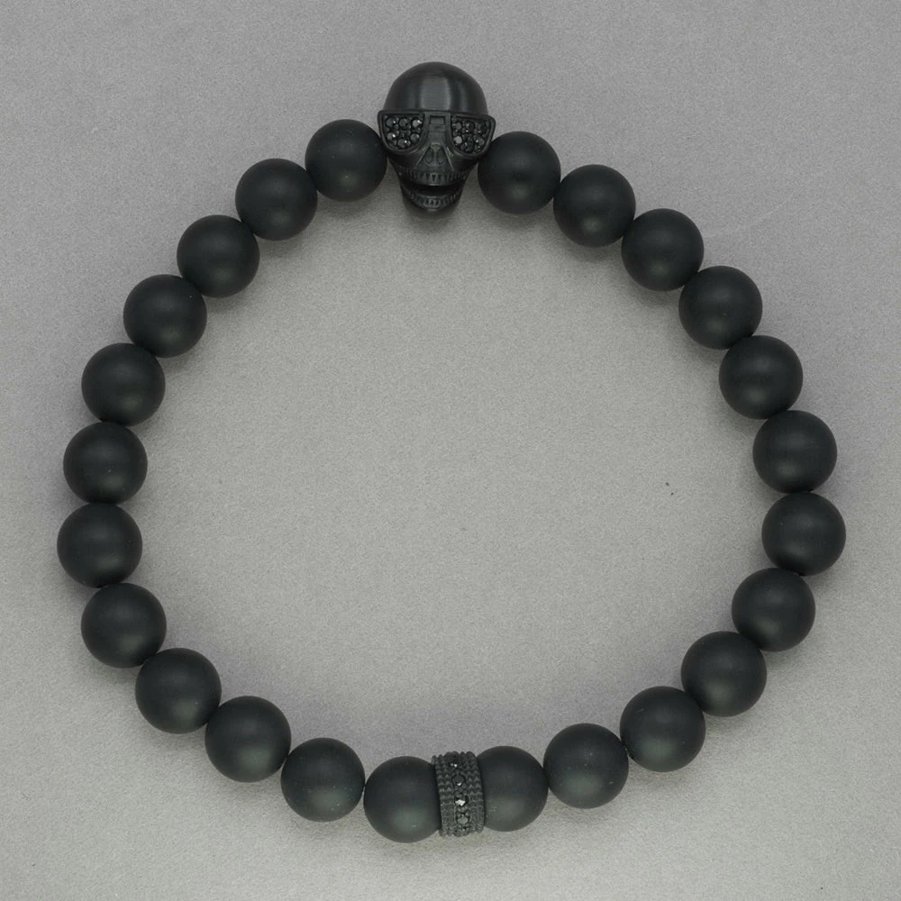 Italgem Steel Italgem Skull With Sunglasses And Onyx Bead Bracelet 3 Italgem Steel Italgem Skull With Sunglasses And Onyx Bead Bracelet