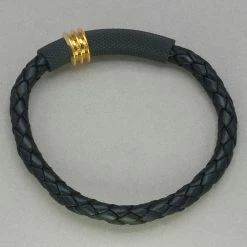Italgem Steel Italgem Black Leather With Gold IP Stainless Steel Bracelet Bracelets