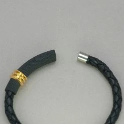 Italgem Steel Italgem Black Leather With Gold IP Stainless Steel Bracelet Bracelets