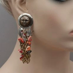 Tabra Vintage Bronze Face And Chain Earrings