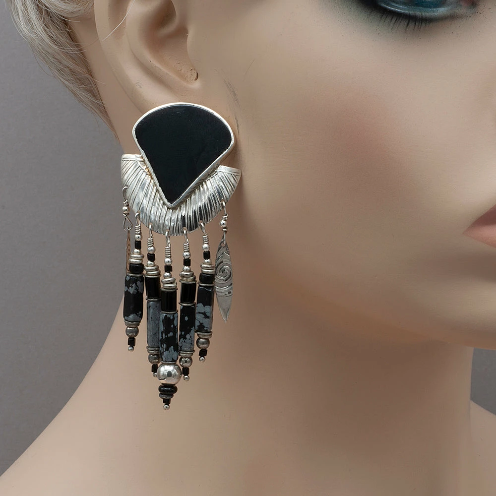Tabra Vintage Onyx And Snowflake Obsidian Earrings 4 Tabra Vintage Onyx And Snowflake Obsidian Earrings