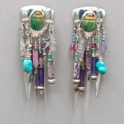 Tabra Vintage Sterling Silver And Green Scarab Earrings