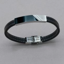 Italgem Steel Bracelets Italgem Black Stainless Steel ID Plate Black Leather Bracelet