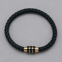 Italgem Steel Italgem Gold And Black Stainless Steel And Black Leather Bracelet Bracelets