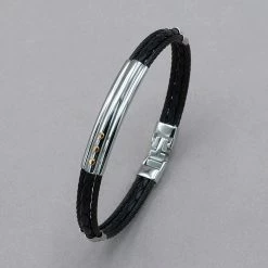 Italgem Steel Bracelets Italgem Stainless Steel Black Cable And Leather Bracelet