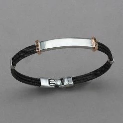 Italgem Steel Italgem 18k Rose Gold And Black Diamond Stainless Steel Cable Bracelet Bracelets